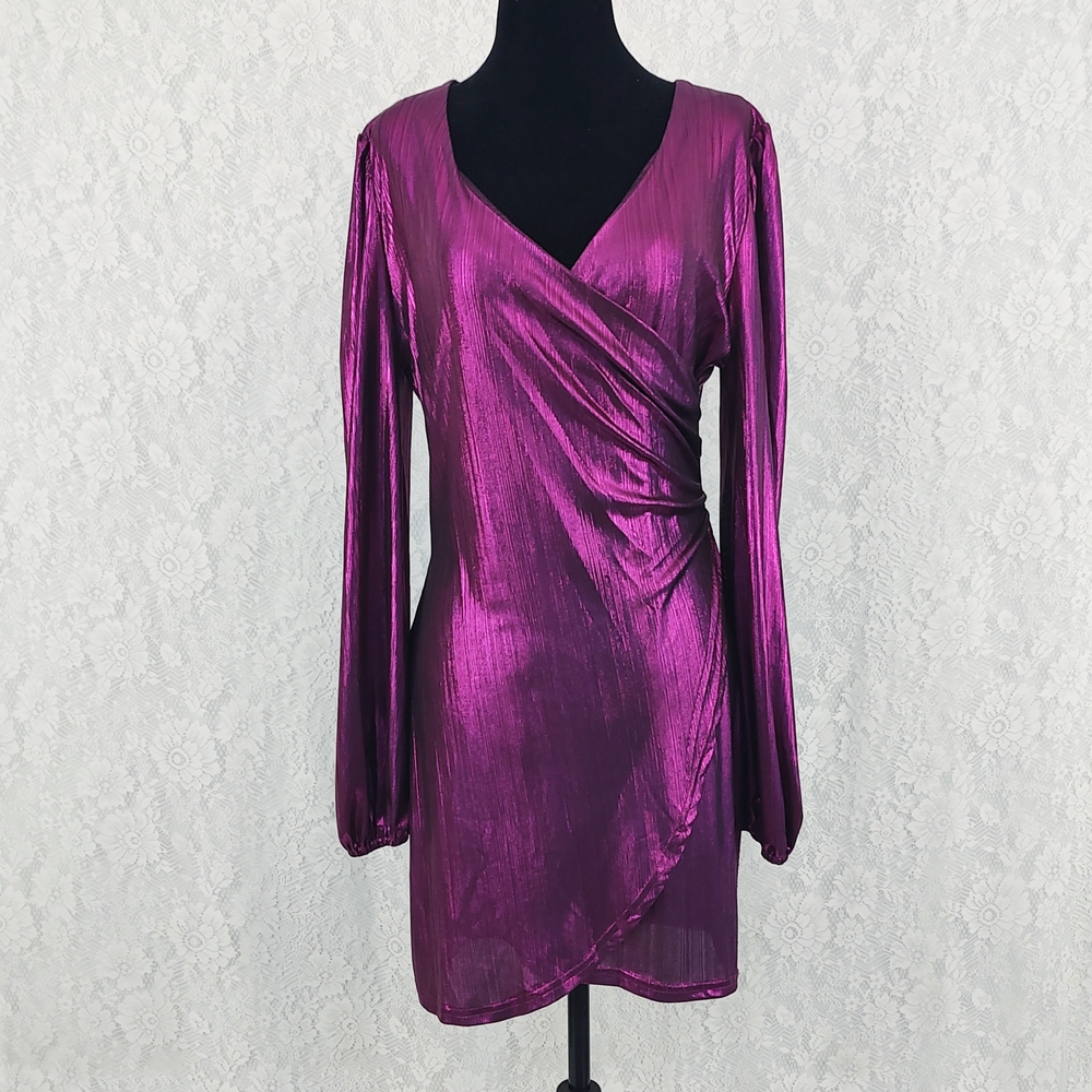 Shiny Wrap Bodycon Long Sleeve Deep V-neck Mini Dress Purple